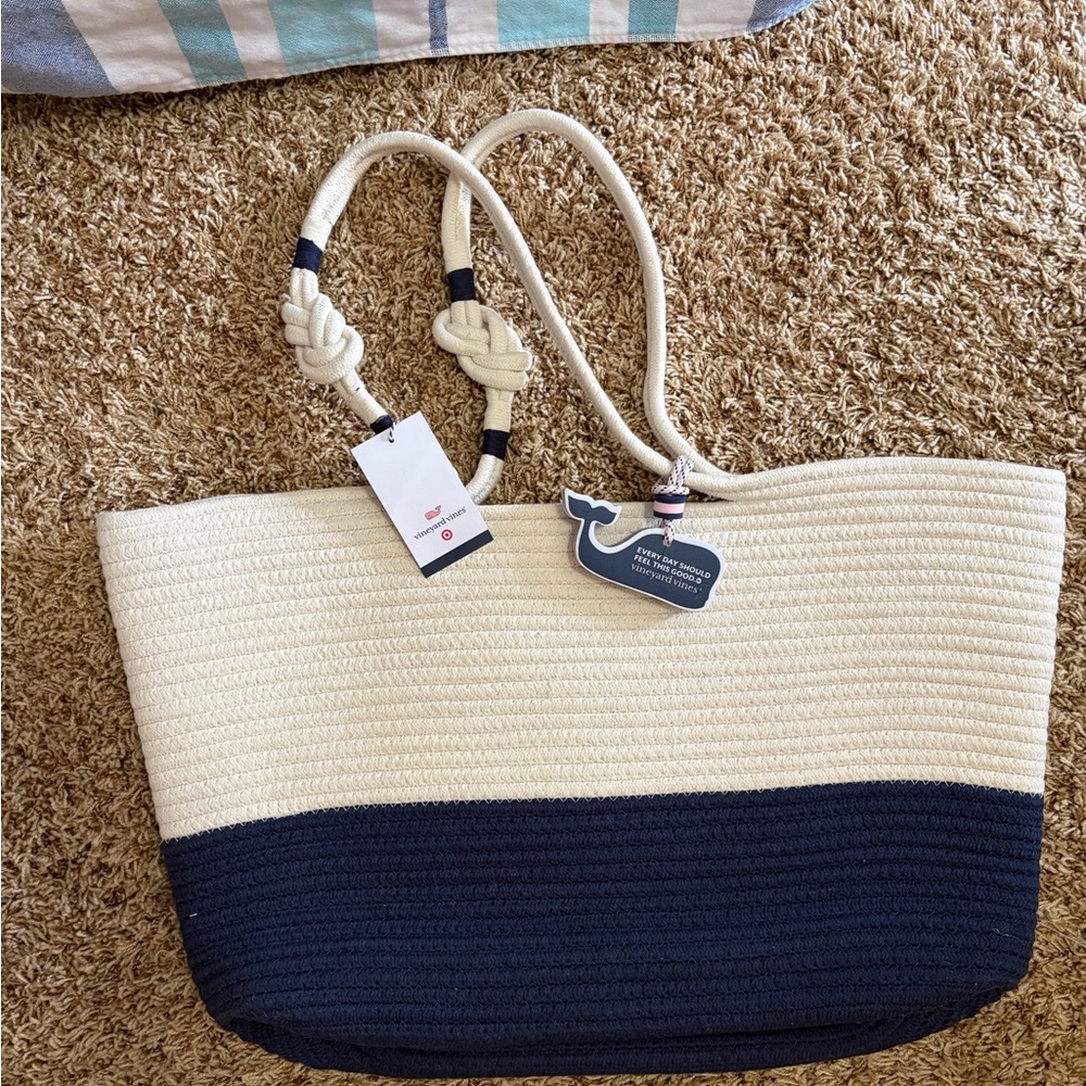 Vineyard Vines Two-Tone Rope Tote Bag in Navy and Cream NWT